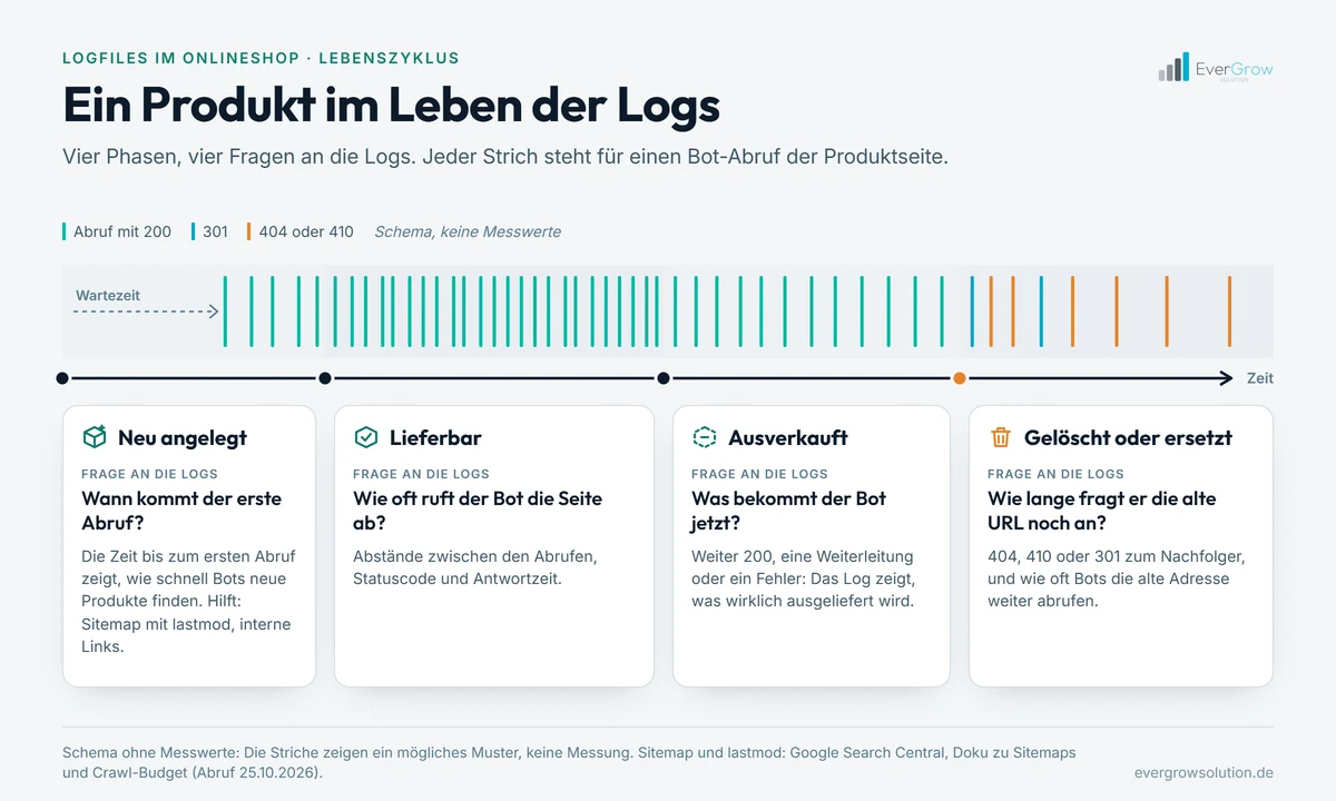 Vom neuen Produkt über ausverkauft bis gelöscht: in jeder Phase zeigen Logs, ob und wie oft Bots die Seite abrufen.